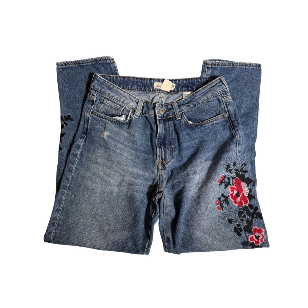 HM LOGG Floral Embroidered Straight Leg Jeans Blue Denim Size 8 Distressed